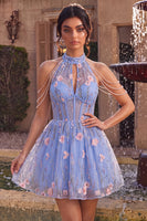 Load image into Gallery viewer, Floral A Line Sky Blue Corset Halter Mini Cocktail Dress