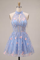 Load image into Gallery viewer, Floral A Line Sky Blue Corset Halter Mini Cocktail Dress