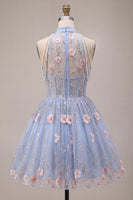 Load image into Gallery viewer, Floral A Line Sky Blue Corset Halter Mini Cocktail Dress