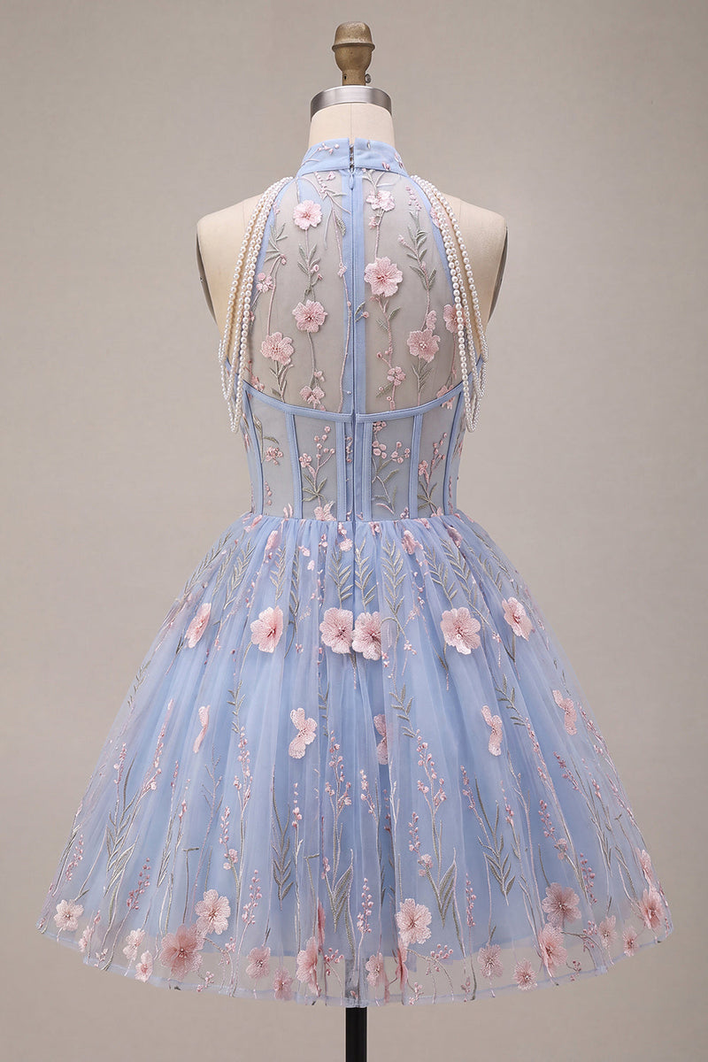 Load image into Gallery viewer, Floral A Line Sky Blue Corset Halter Mini Cocktail Dress