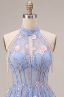 Load image into Gallery viewer, Floral A Line Sky Blue Corset Halter Mini Cocktail Dress