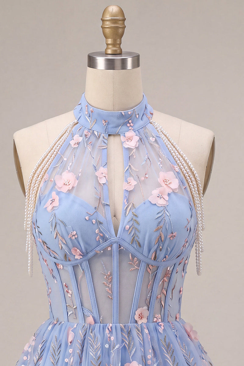 Load image into Gallery viewer, Floral A Line Sky Blue Corset Halter Mini Cocktail Dress