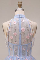 Load image into Gallery viewer, Floral A Line Sky Blue Corset Halter Mini Cocktail Dress