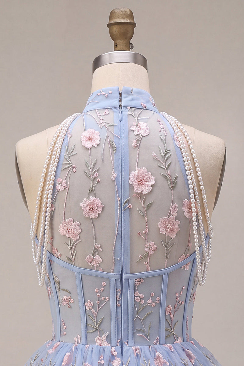 Load image into Gallery viewer, Floral A Line Sky Blue Corset Halter Mini Cocktail Dress