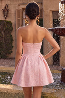 Load image into Gallery viewer, Floral Pink A Line Jacquard Strapless Mini Cocktail Dress
