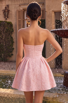 Floral Pink A Line Jacquard Strapless Mini Cocktail Dress