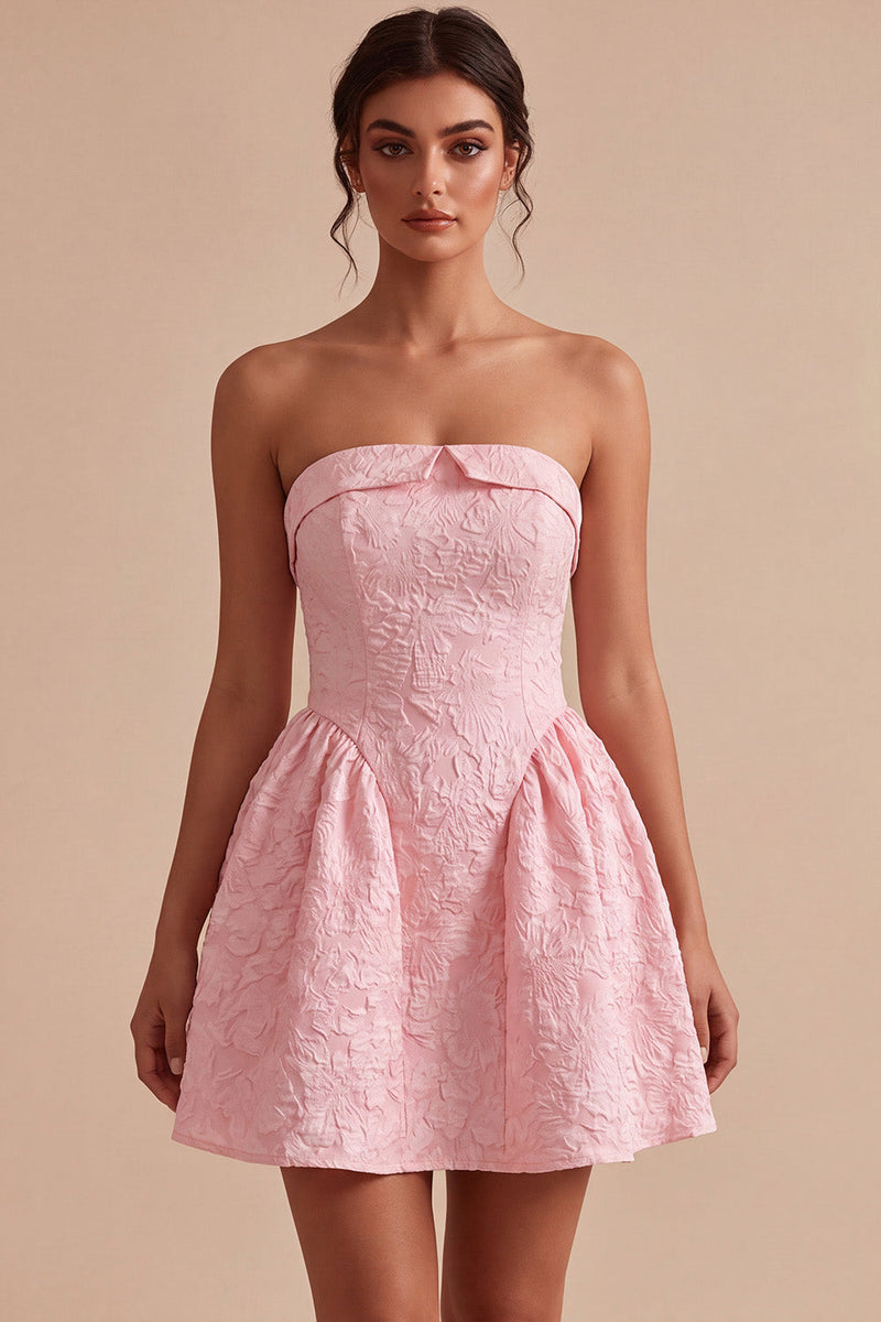 Load image into Gallery viewer, Floral Pink A Line Jacquard Strapless Mini Cocktail Dress