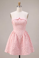 Load image into Gallery viewer, Floral Pink A Line Jacquard Strapless Mini Cocktail Dress