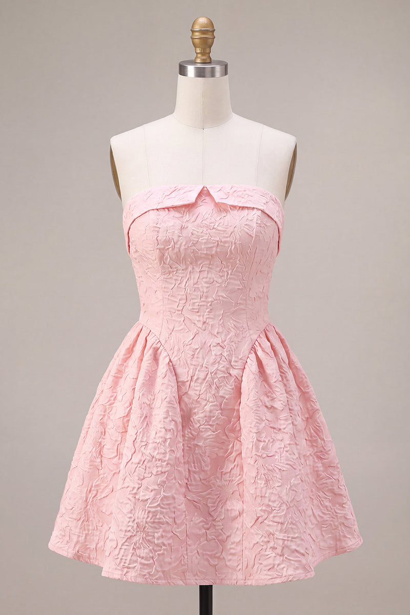 Load image into Gallery viewer, Floral Pink A Line Jacquard Strapless Mini Cocktail Dress