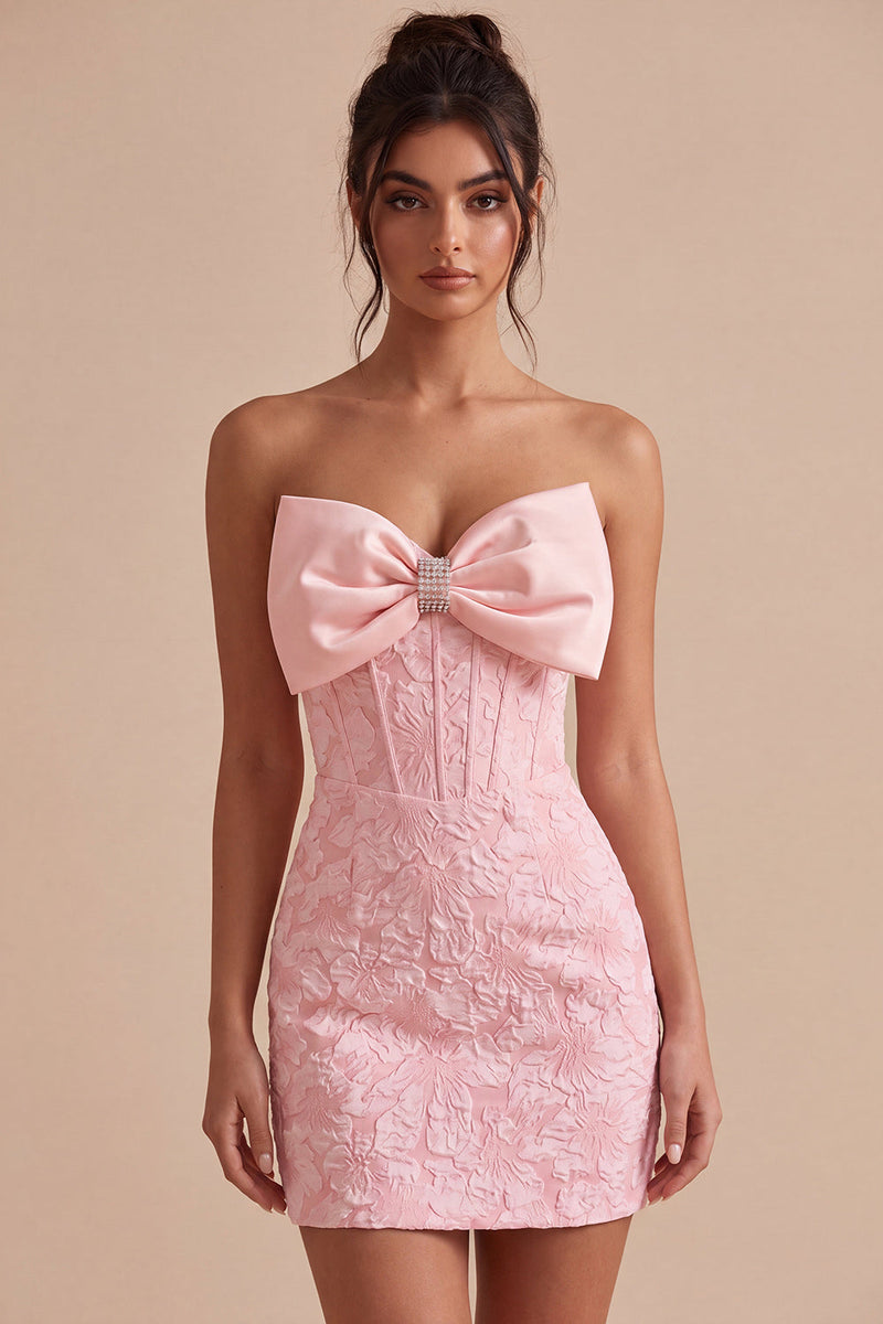 Load image into Gallery viewer, Pink Floral Tight Corset Mini Cocktail Dress with Bow