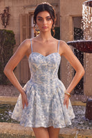 Load image into Gallery viewer, Floral Dusty Blue A Line Spaghetti Straps Mini Cocktail Dress