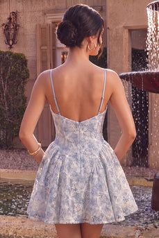 Floral Dusty Blue A Line Spaghetti Straps Mini Cocktail Dress