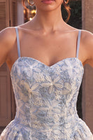 Load image into Gallery viewer, Floral Dusty Blue A Line Spaghetti Straps Mini Cocktail Dress