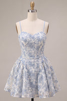 Load image into Gallery viewer, Floral Dusty Blue A Line Spaghetti Straps Mini Cocktail Dress
