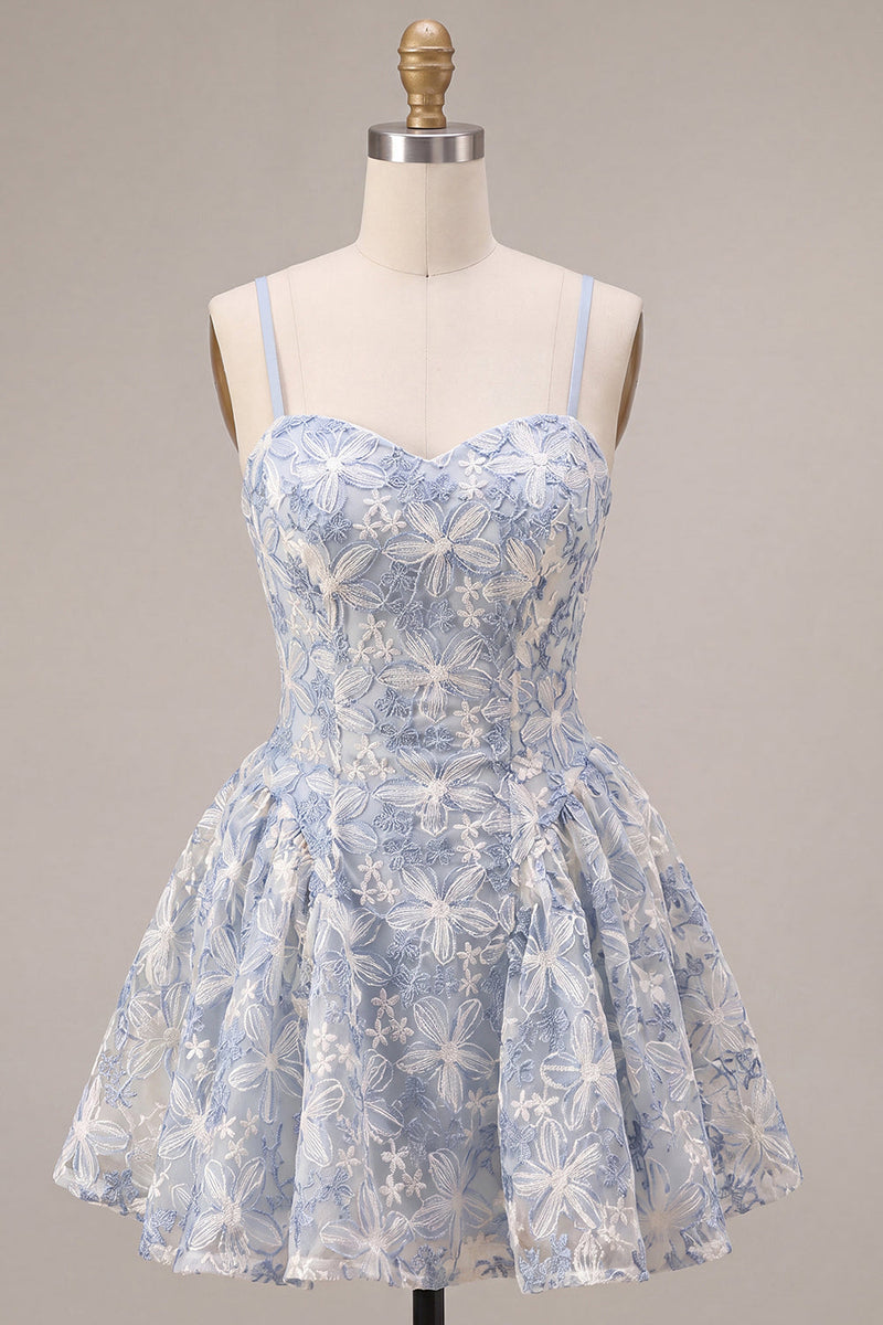 Load image into Gallery viewer, Floral Dusty Blue A Line Spaghetti Straps Mini Cocktail Dress