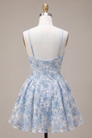 Load image into Gallery viewer, Floral Dusty Blue A Line Spaghetti Straps Mini Cocktail Dress