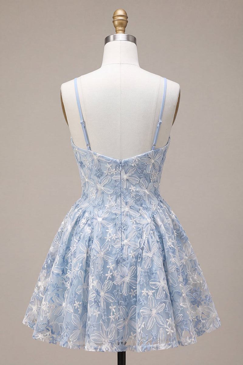 Load image into Gallery viewer, Floral Dusty Blue A Line Spaghetti Straps Mini Cocktail Dress