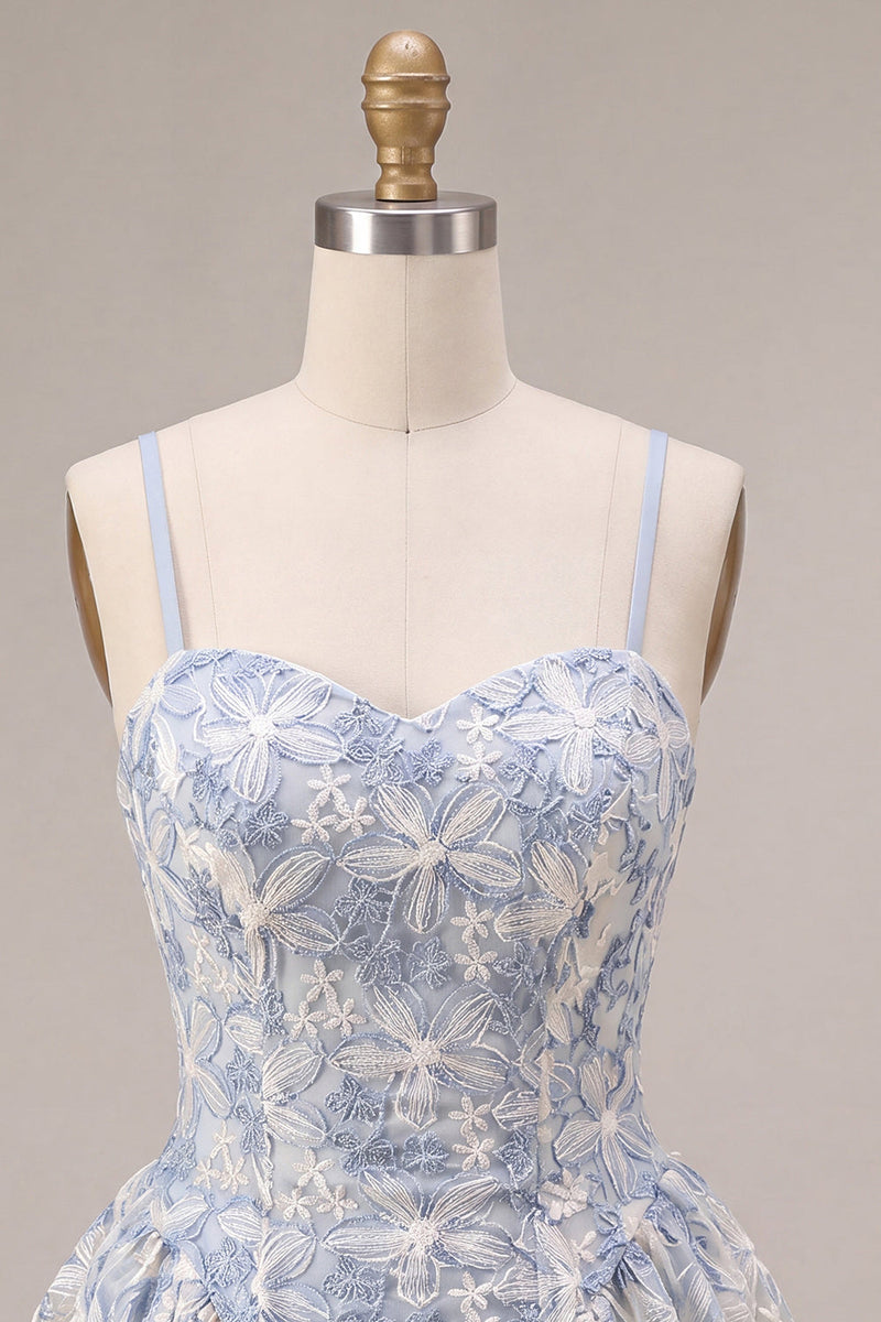 Load image into Gallery viewer, Floral Dusty Blue A Line Spaghetti Straps Mini Cocktail Dress