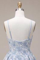 Load image into Gallery viewer, Floral Dusty Blue A Line Spaghetti Straps Mini Cocktail Dress