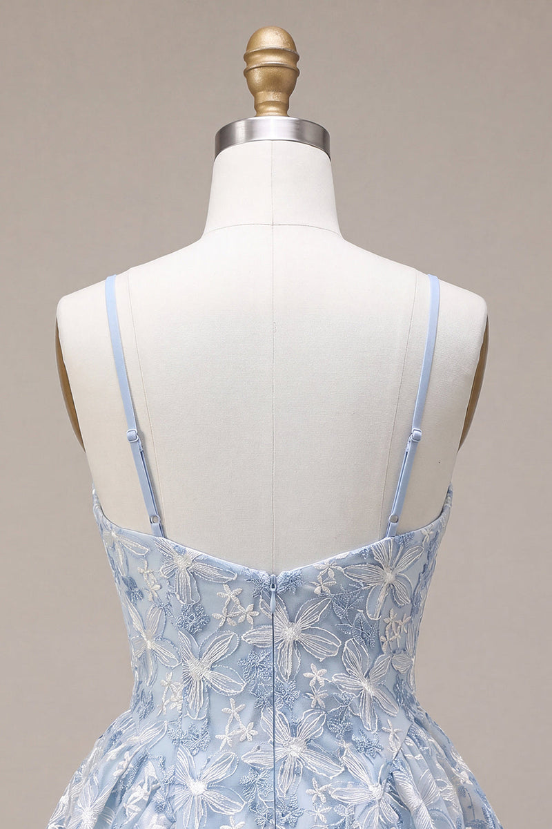 Load image into Gallery viewer, Floral Dusty Blue A Line Spaghetti Straps Mini Cocktail Dress