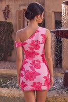 Load image into Gallery viewer, Floral Fuchsia Tight One Shouler Short Cocktail Dress