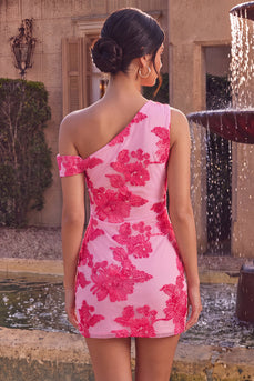 Floral Fuchsia Tight One Shouler Short Cocktail Dress