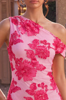 Load image into Gallery viewer, Floral Fuchsia Tight One Shouler Short Cocktail Dress