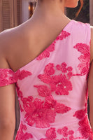 Load image into Gallery viewer, Floral Fuchsia Tight One Shouler Short Cocktail Dress