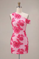 Load image into Gallery viewer, Floral Fuchsia Tight One Shouler Short Cocktail Dress
