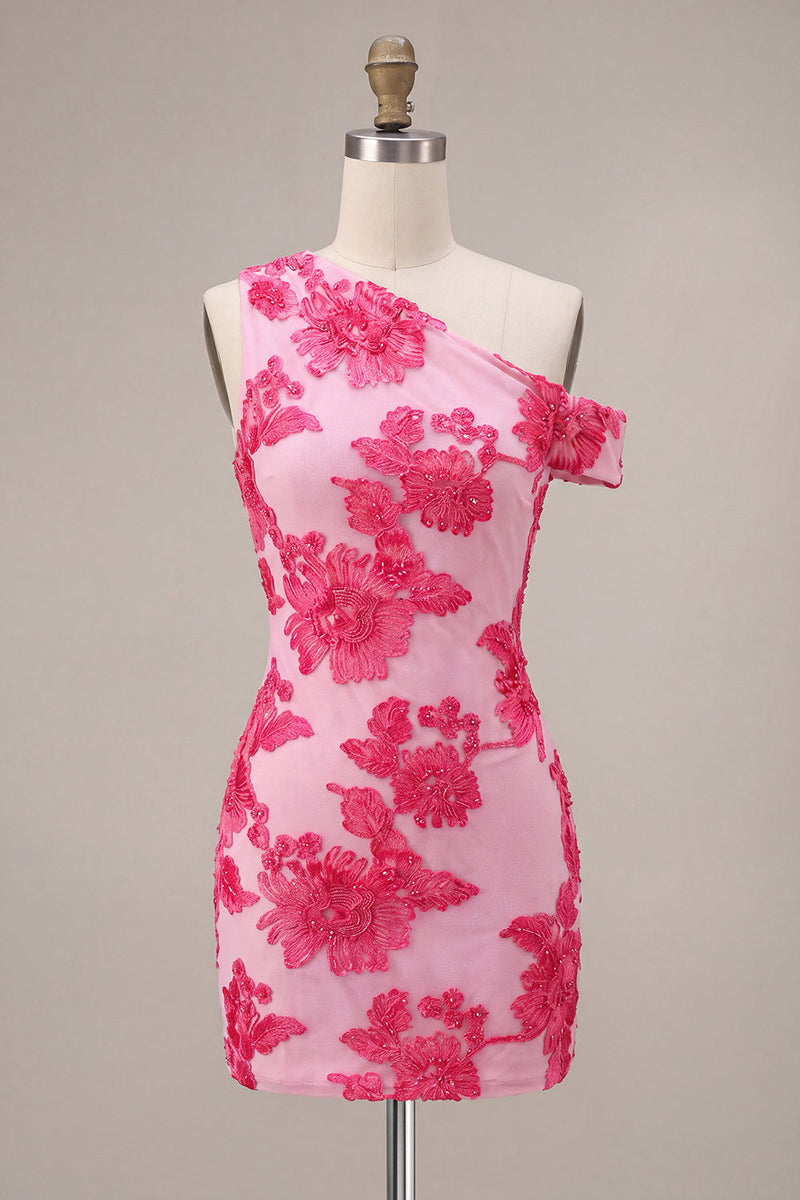 Load image into Gallery viewer, Floral Fuchsia Tight One Shouler Short Cocktail Dress