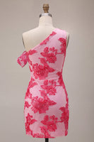 Load image into Gallery viewer, Floral Fuchsia Tight One Shouler Short Cocktail Dress