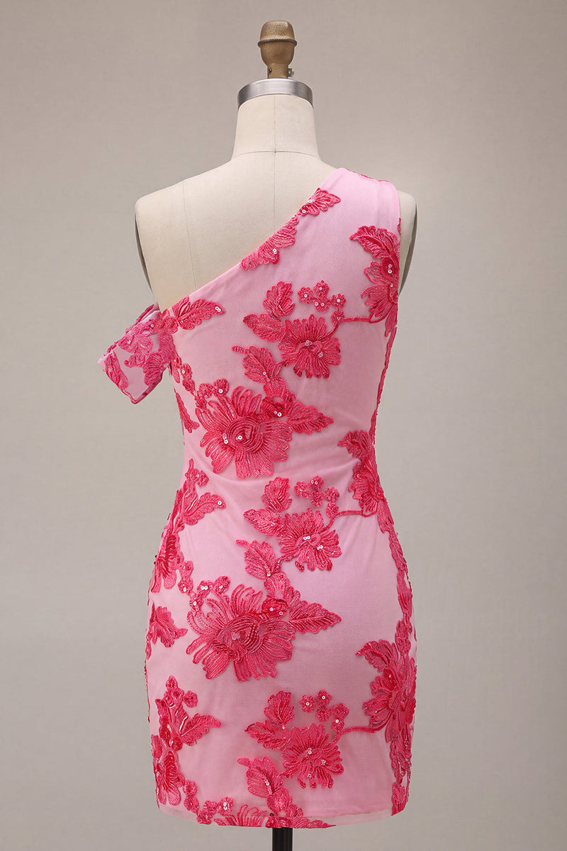 Load image into Gallery viewer, Floral Fuchsia Tight One Shouler Short Cocktail Dress