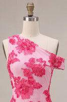 Load image into Gallery viewer, Floral Fuchsia Tight One Shouler Short Cocktail Dress