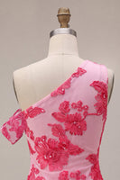 Load image into Gallery viewer, Floral Fuchsia Tight One Shouler Short Cocktail Dress