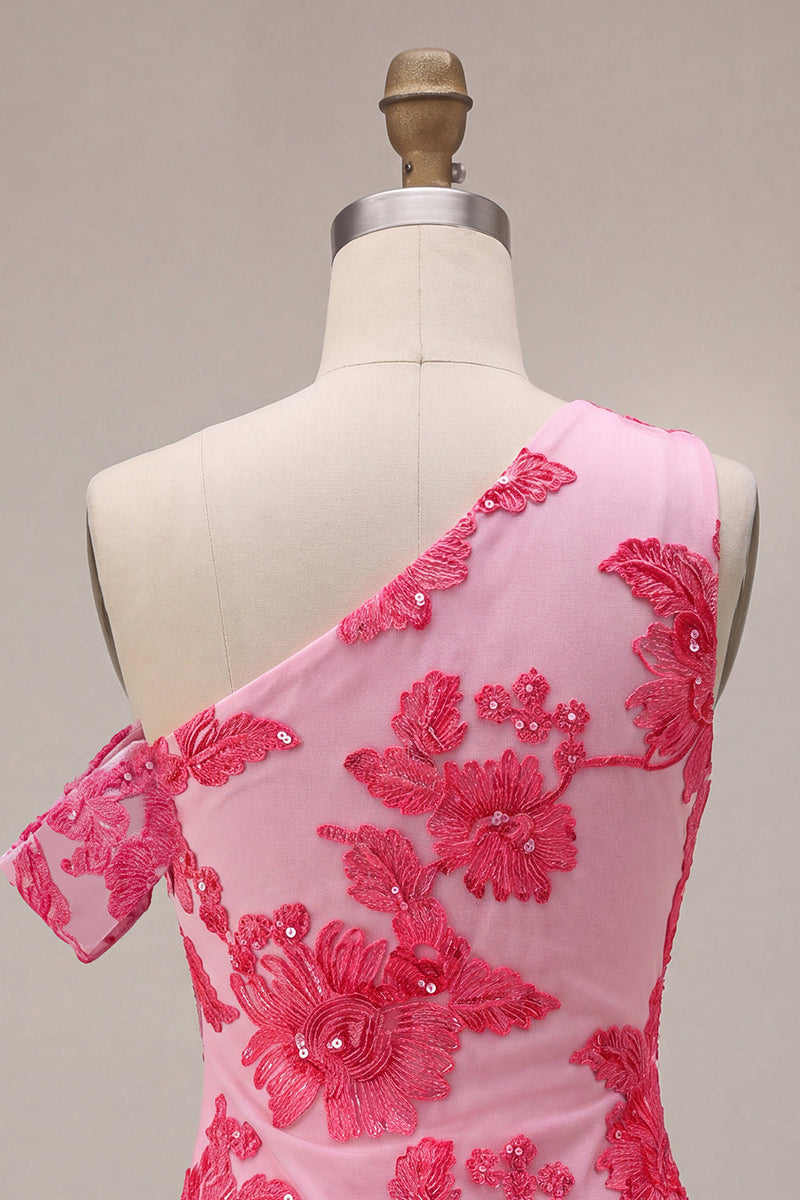 Load image into Gallery viewer, Floral Fuchsia Tight One Shouler Short Cocktail Dress
