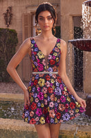 Load image into Gallery viewer, Sparkly Black Floral A Line Sequins Short Cocktail Dress with Belt