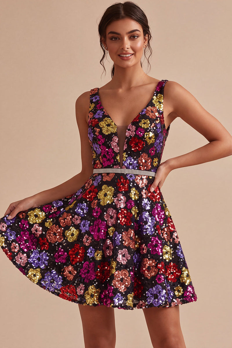 Load image into Gallery viewer, Sparkly Black Floral A Line Sequins Short Cocktail Dress with Belt