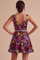 Load image into Gallery viewer, Sparkly Black Floral A Line Sequins Short Cocktail Dress with Belt