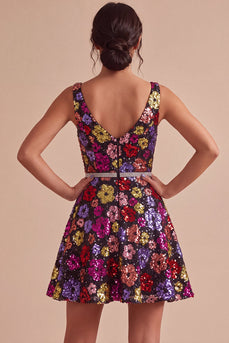 Sparkly Black Floral A Line Sequins Short Cocktail Dress with Belt