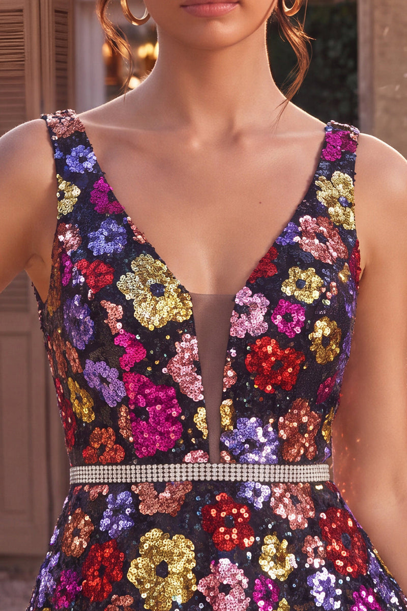 Load image into Gallery viewer, Sparkly Black Floral A Line Sequins Short Cocktail Dress with Belt