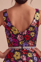 Load image into Gallery viewer, Sparkly Black Floral A Line Sequins Short Cocktail Dress with Belt