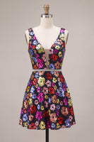 Load image into Gallery viewer, Sparkly Black Floral A Line Sequins Short Cocktail Dress with Belt