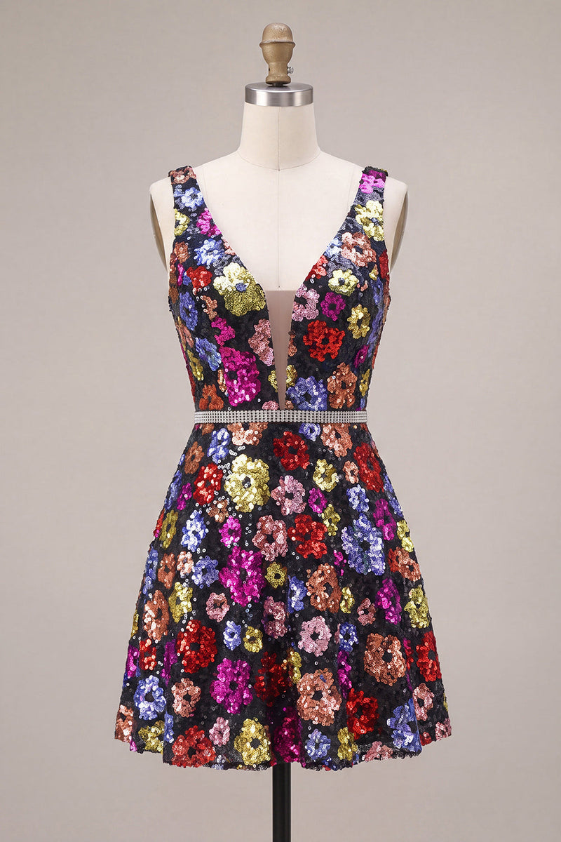 Load image into Gallery viewer, Sparkly Black Floral A Line Sequins Short Cocktail Dress with Belt
