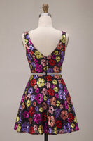 Load image into Gallery viewer, Sparkly Black Floral A Line Sequins Short Cocktail Dress with Belt
