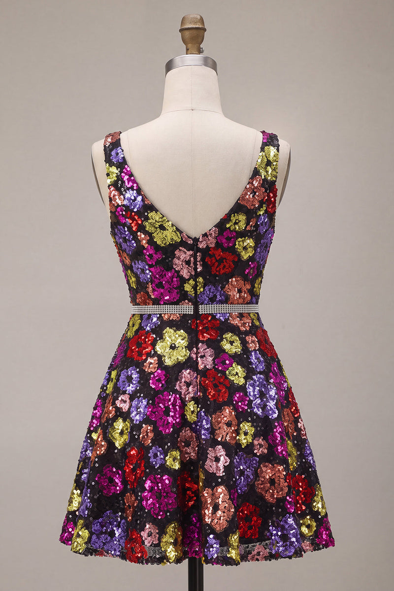 Load image into Gallery viewer, Sparkly Black Floral A Line Sequins Short Cocktail Dress with Belt