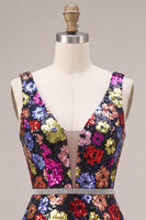 Load image into Gallery viewer, Sparkly Black Floral A Line Sequins Short Cocktail Dress with Belt