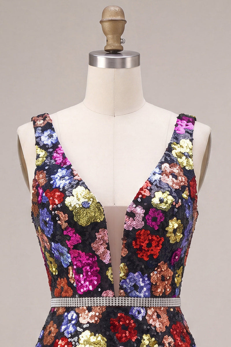 Load image into Gallery viewer, Sparkly Black Floral A Line Sequins Short Cocktail Dress with Belt