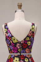 Load image into Gallery viewer, Sparkly Black Floral A Line Sequins Short Cocktail Dress with Belt