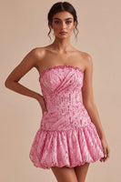 Load image into Gallery viewer, Sparkly Pink Strapless A Line Sequins Mini Bubble Cocktail Dress