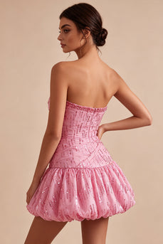 Sparkly Pink Strapless A Line Sequins Mini Bubble Cocktail Dress